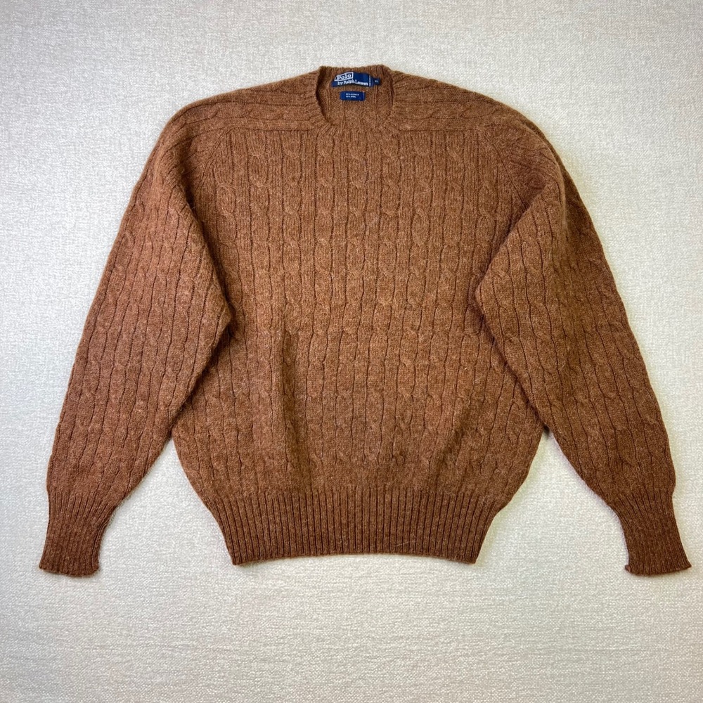 Vintage Polo Ralph Lauren Mens XL Alpaca Wool Cable Knit Sweater Brown Hong Kong